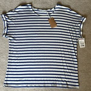 Adorable size L, S/S, blue + white stripe casual top for spring/summer!